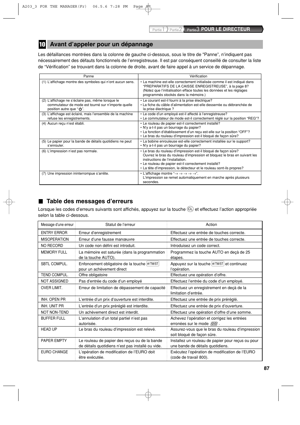 Table des messages d’erreurs, Avant d’appeler pour un dépannage, Pour le directeur | Sharp XE-A203 User Manual | Page 269 / 454