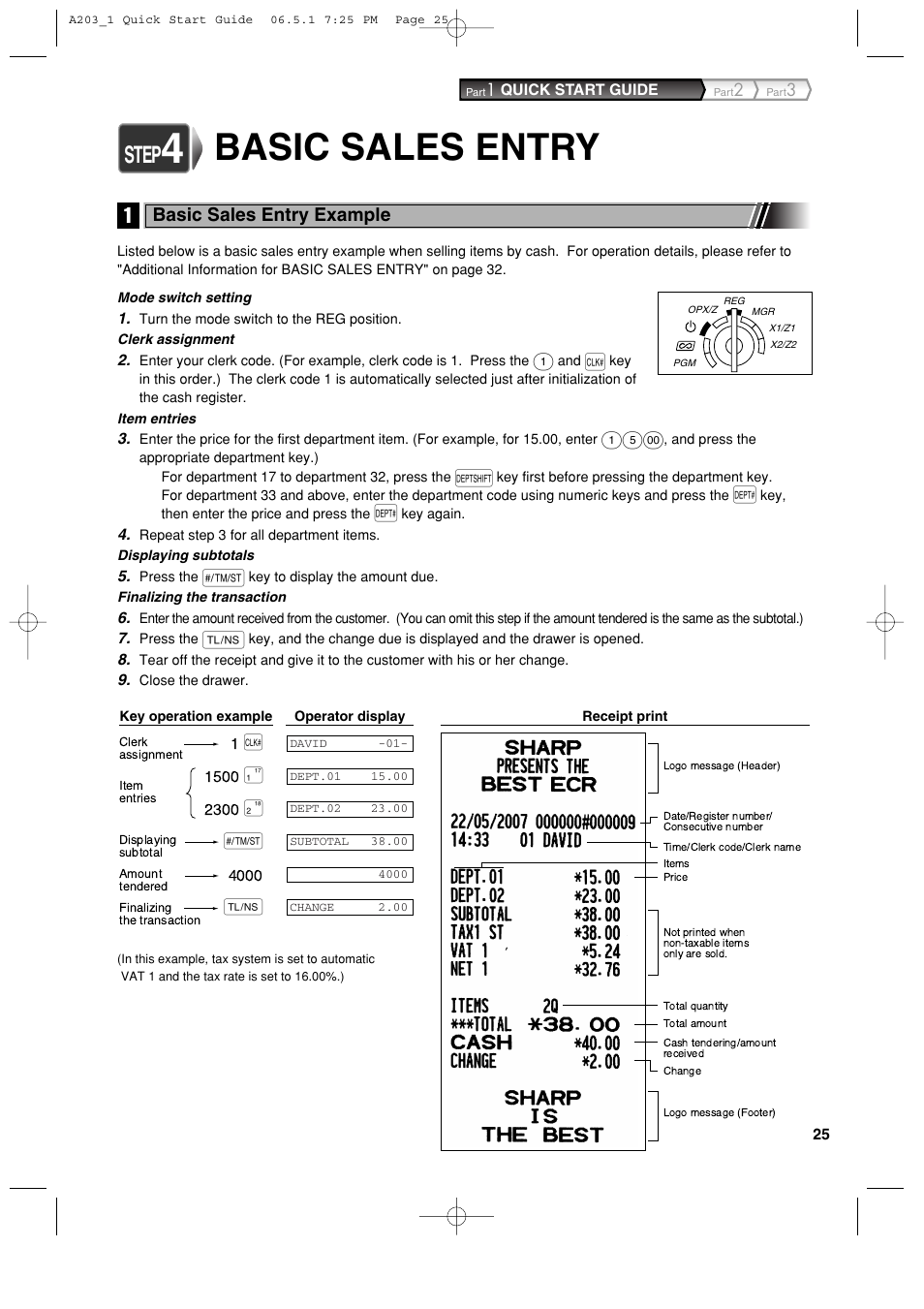 Basic sales entry, Step, Basic sales entry example | Sharp XE-A203 User Manual | Page 27 / 454