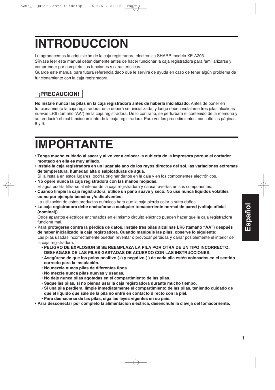 Introduccion, Importante, Español | Sharp XE-A203 User Manual | Page 273 / 454