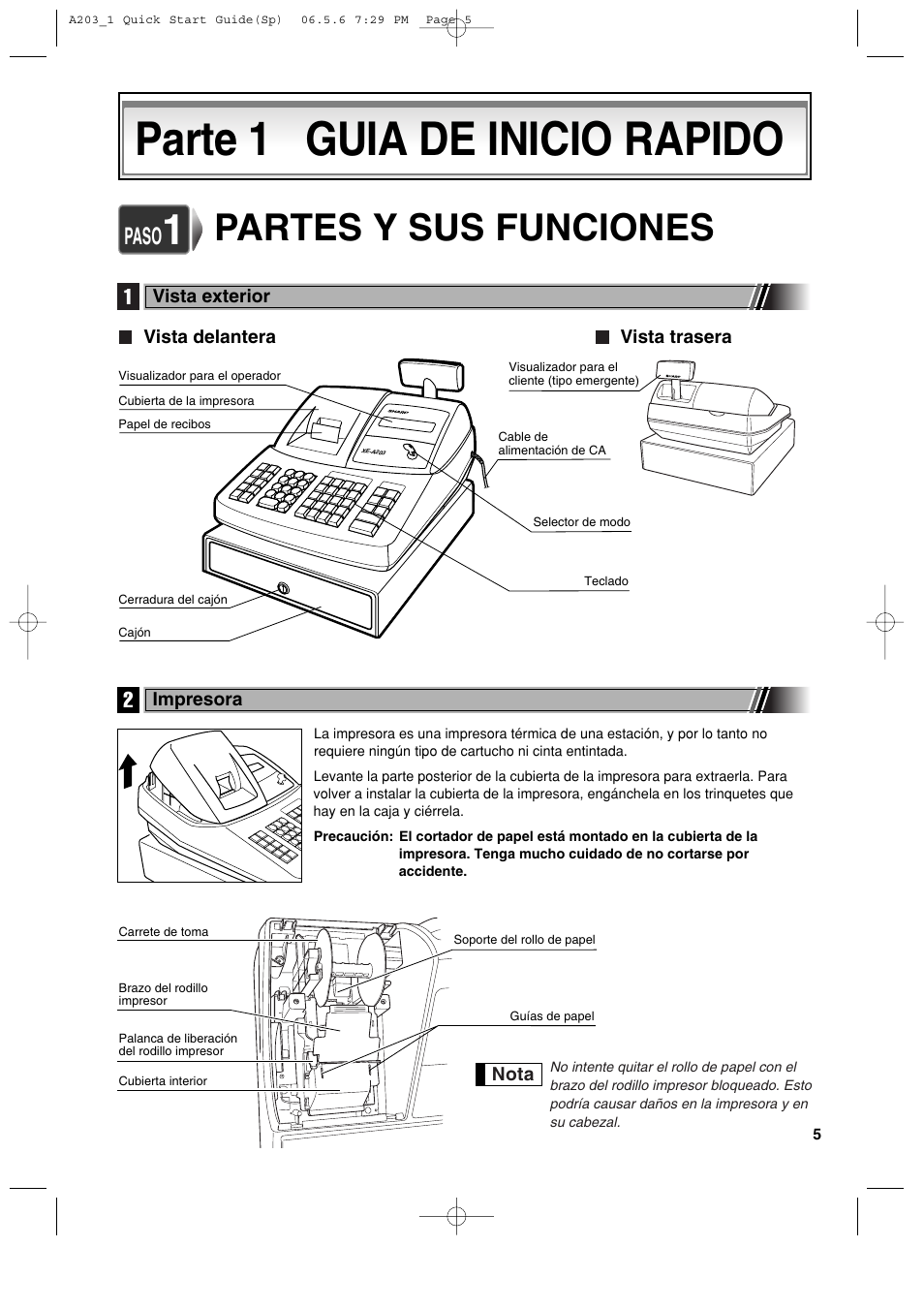 Parte 1 guia de inicio rapido, Partes y sus funciones, Paso | Sharp XE-A203 User Manual | Page 277 / 454
