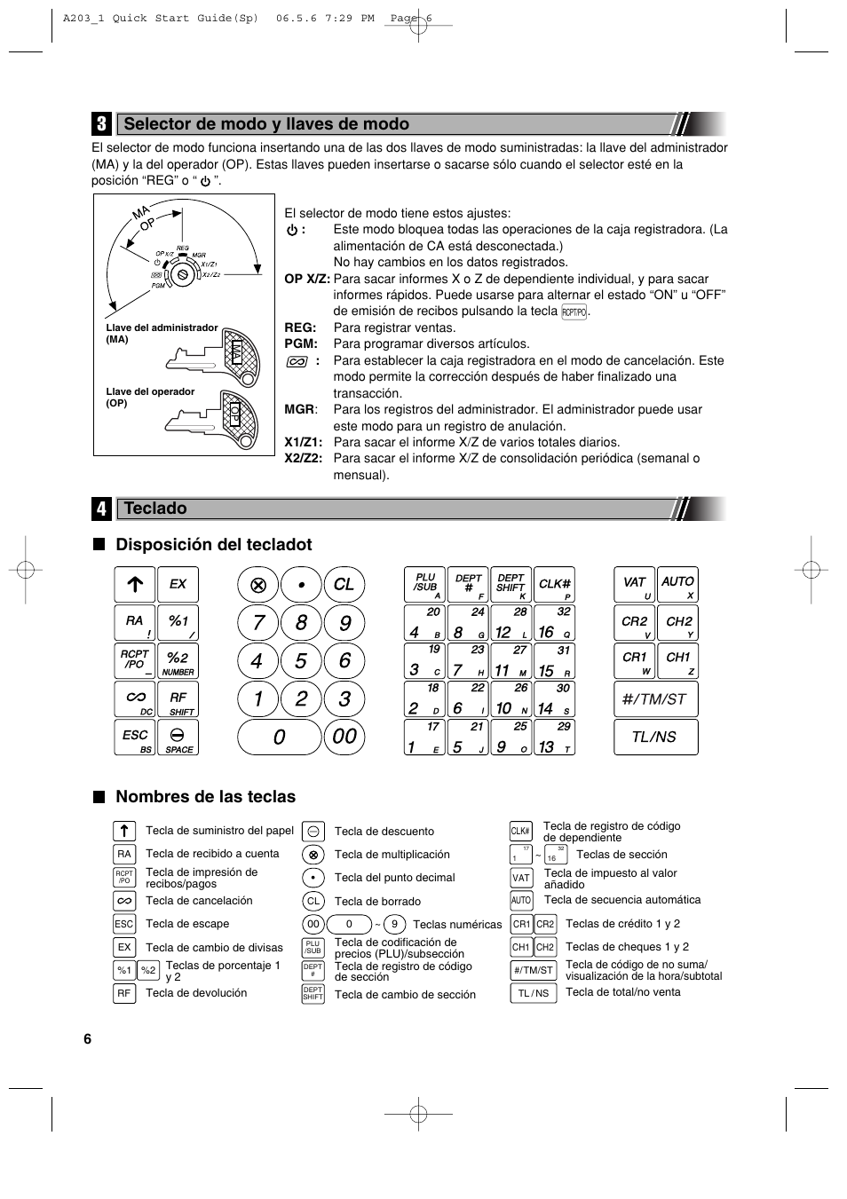 Disposición del tecladot nombres de las teclas, Selector de modo y llaves de modo, Teclado | Sharp XE-A203 User Manual | Page 278 / 454