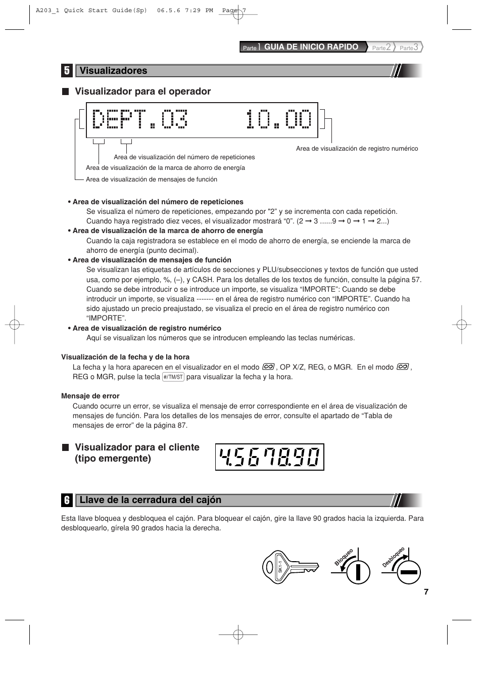 Visualizador para el operador, Visualizador para el cliente (tipo emergente), Visualizadores | Llave de la cerradura del cajón | Sharp XE-A203 User Manual | Page 279 / 454