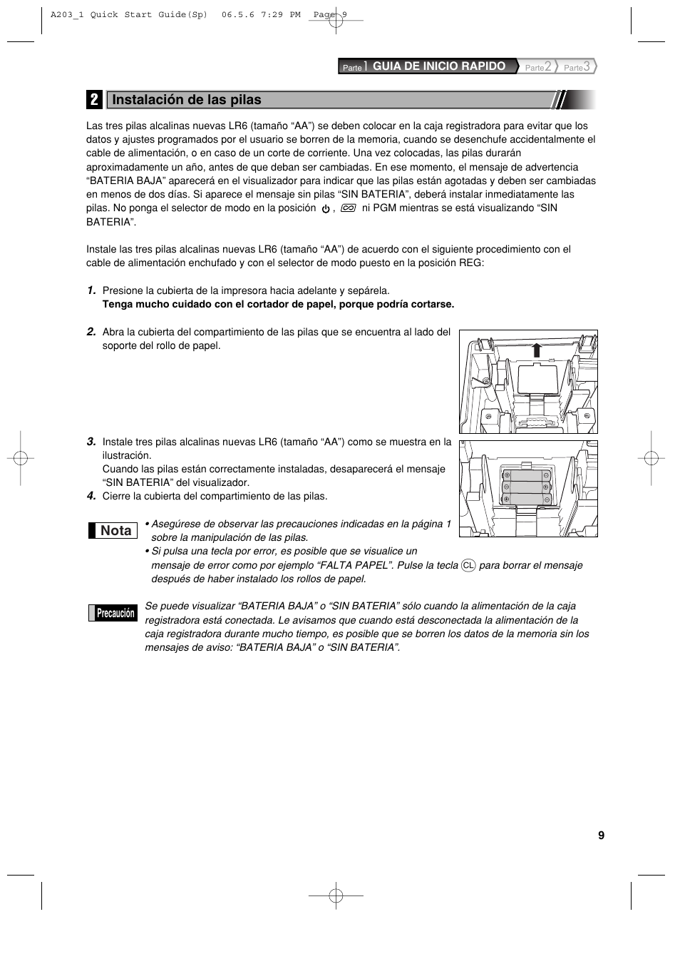 Nota, Instalación de las pilas | Sharp XE-A203 User Manual | Page 281 / 454