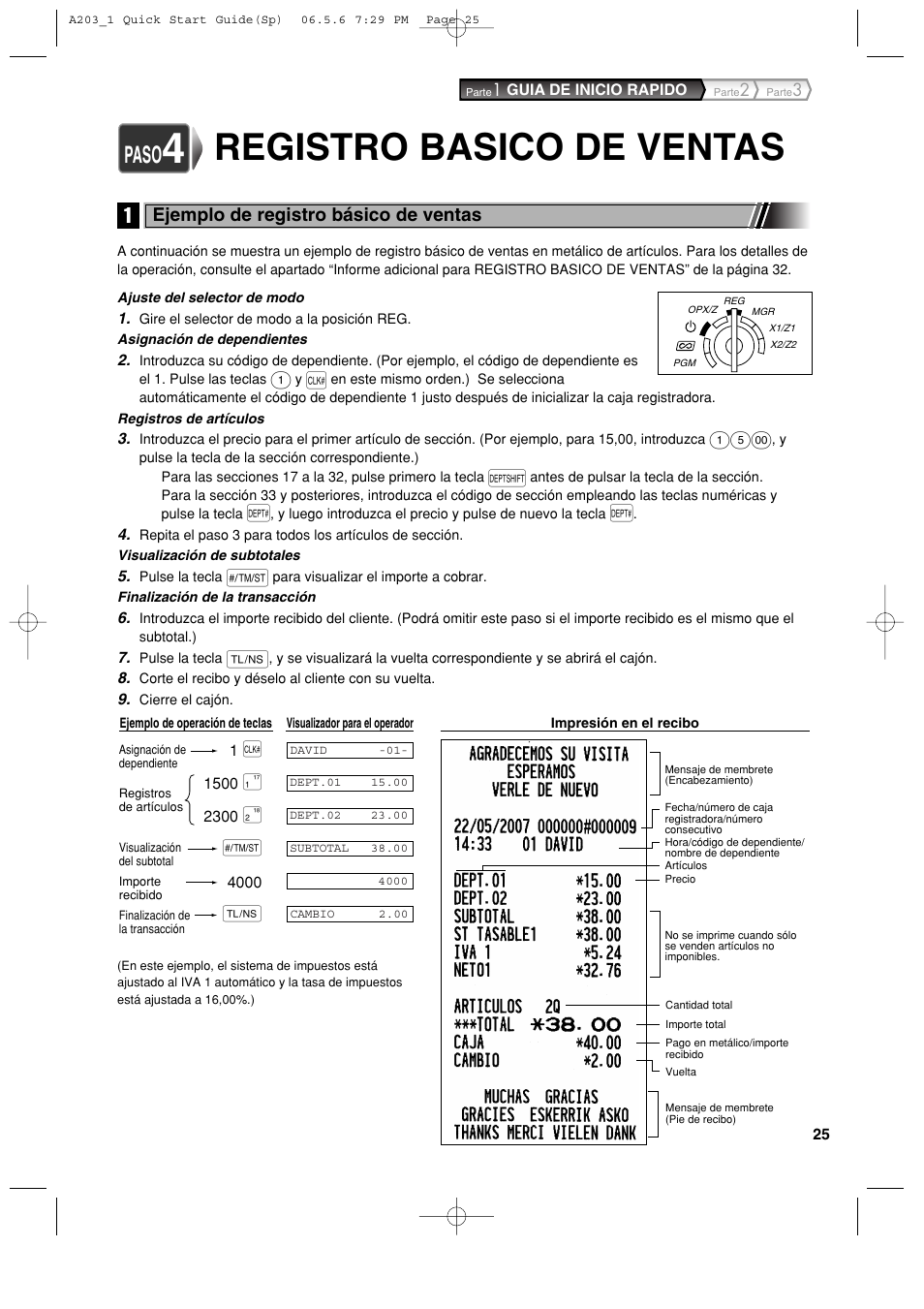 Registro basico de ventas, Paso, Ejemplo de registro básico de ventas | Sharp XE-A203 User Manual | Page 297 / 454