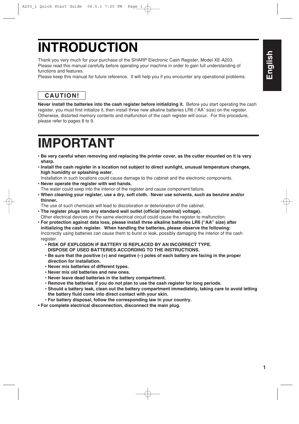 Introduction, Important, English | Sharp XE-A203 User Manual | Page 3 / 454