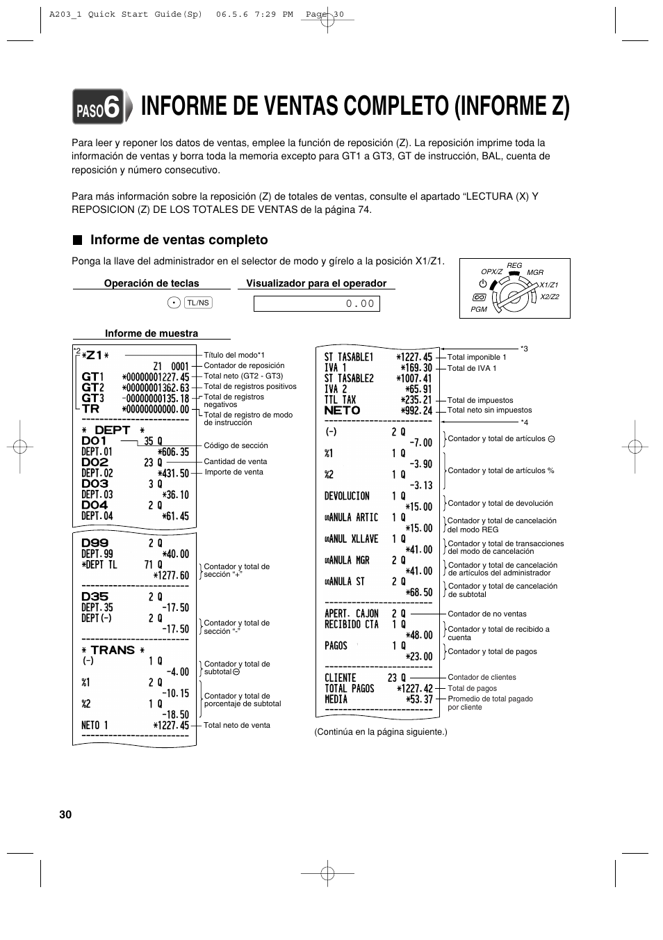 Informe de ventas completo (informe z), Paso, Informe de ventas completo | Sharp XE-A203 User Manual | Page 302 / 454