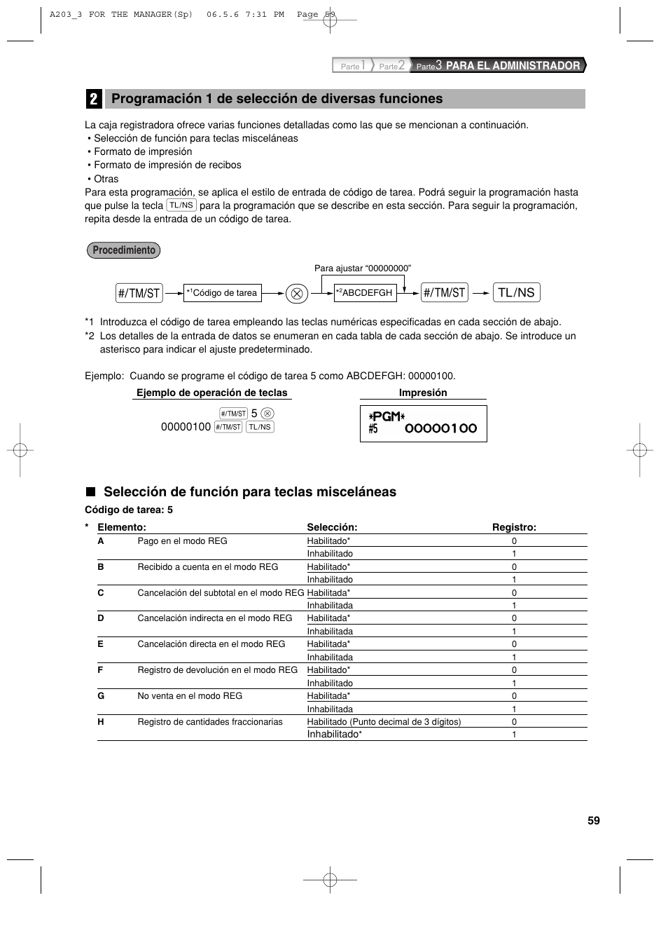 S@ a s, Selección de función para teclas misceláneas, Programación 1 de selección de diversas funciones | Sharp XE-A203 User Manual | Page 331 / 454