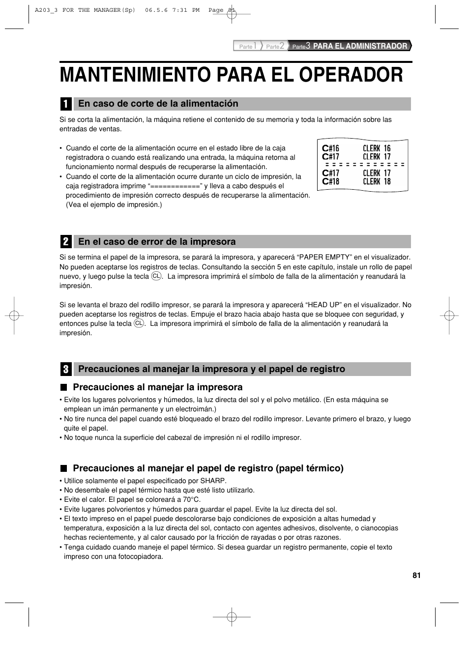 Mantenimiento para el operador | Sharp XE-A203 User Manual | Page 353 / 454