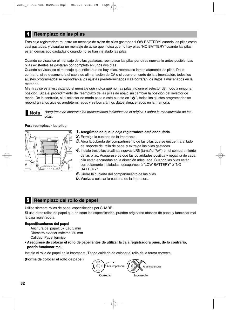 Reemplazo del rollo de papel, Nota reemplazo de las pilas | Sharp XE-A203 User Manual | Page 354 / 454