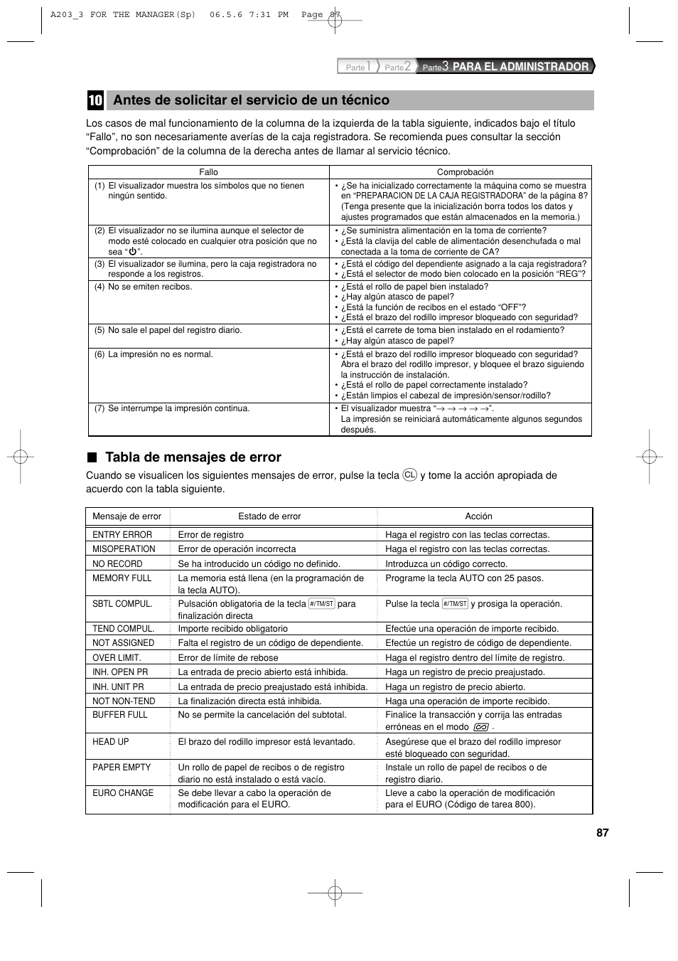Tabla de mensajes de error, Antes de solicitar el servicio de un técnico | Sharp XE-A203 User Manual | Page 359 / 454