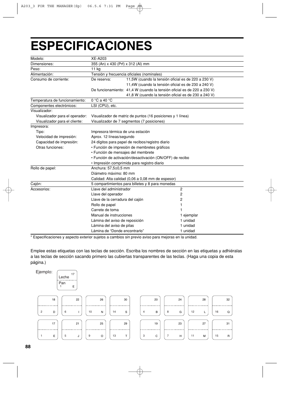 Especificaciones | Sharp XE-A203 User Manual | Page 360 / 454
