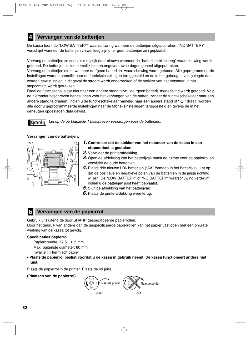 Vervangen van de papierrol, Vervangen van de batterijen | Sharp XE-A203 User Manual | Page 444 / 454