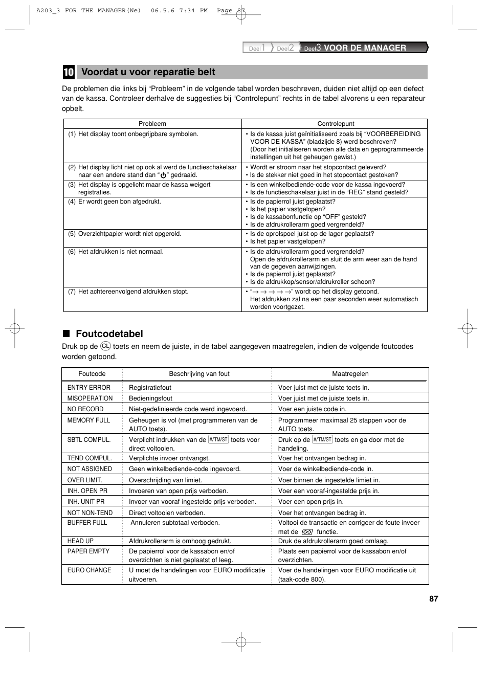 Foutcodetabel, Voordat u voor reparatie belt | Sharp XE-A203 User Manual | Page 449 / 454