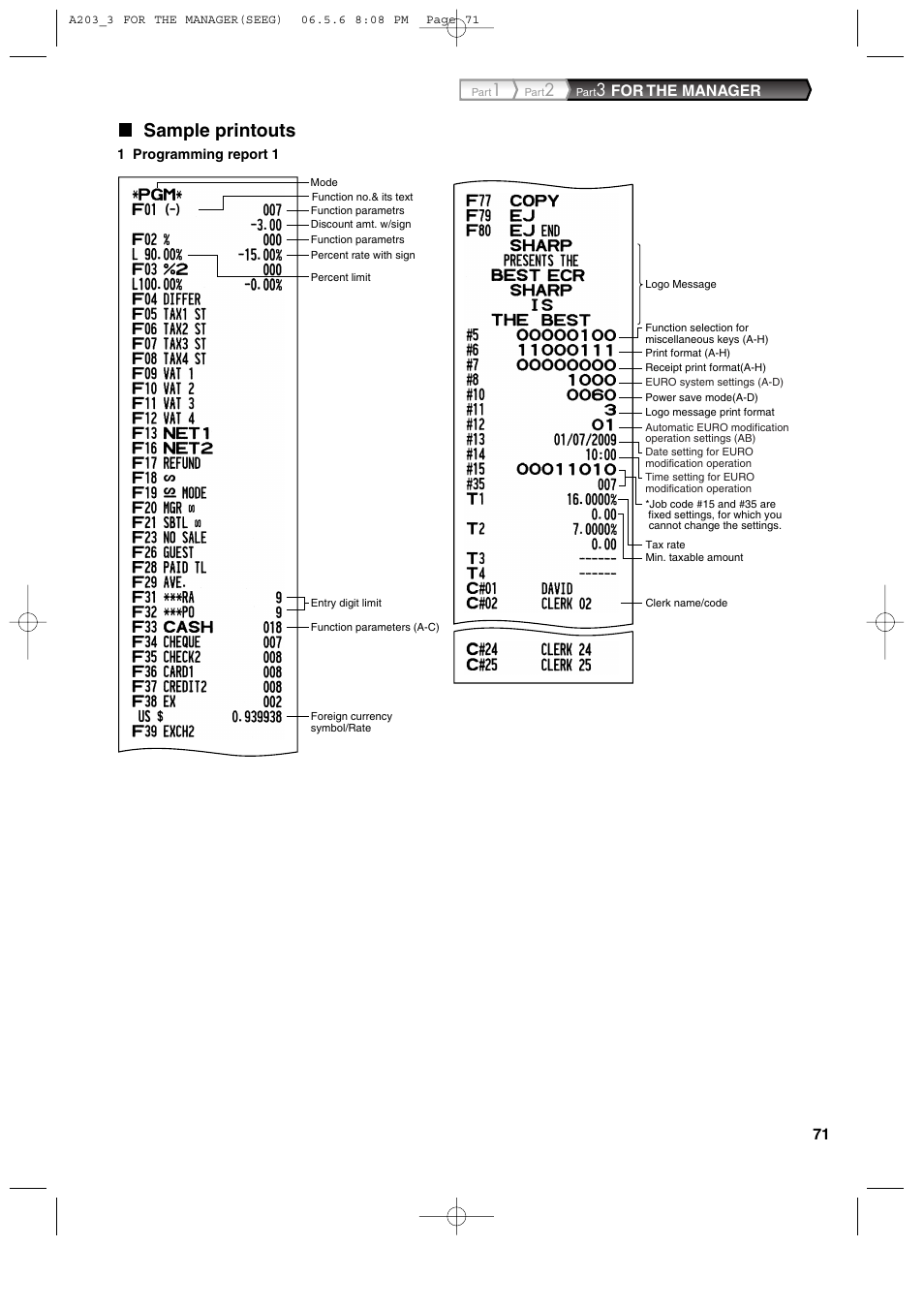 Sample printouts, For the manager | Sharp XE-A203 User Manual | Page 73 / 454