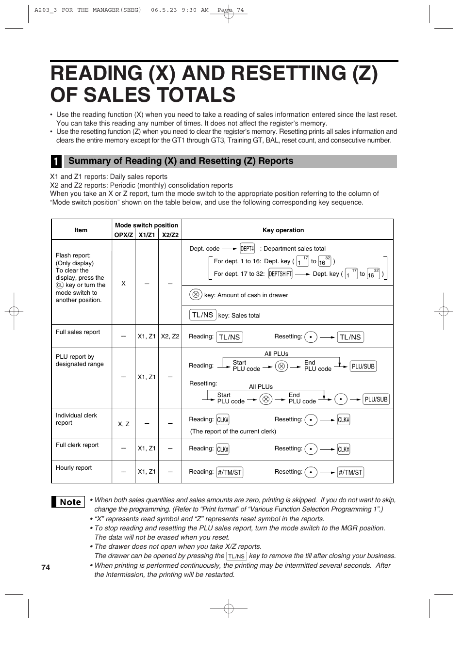 Reading (x) and resetting (z) of sales totals, Pa a, Pl l | Ps s | Sharp XE-A203 User Manual | Page 76 / 454