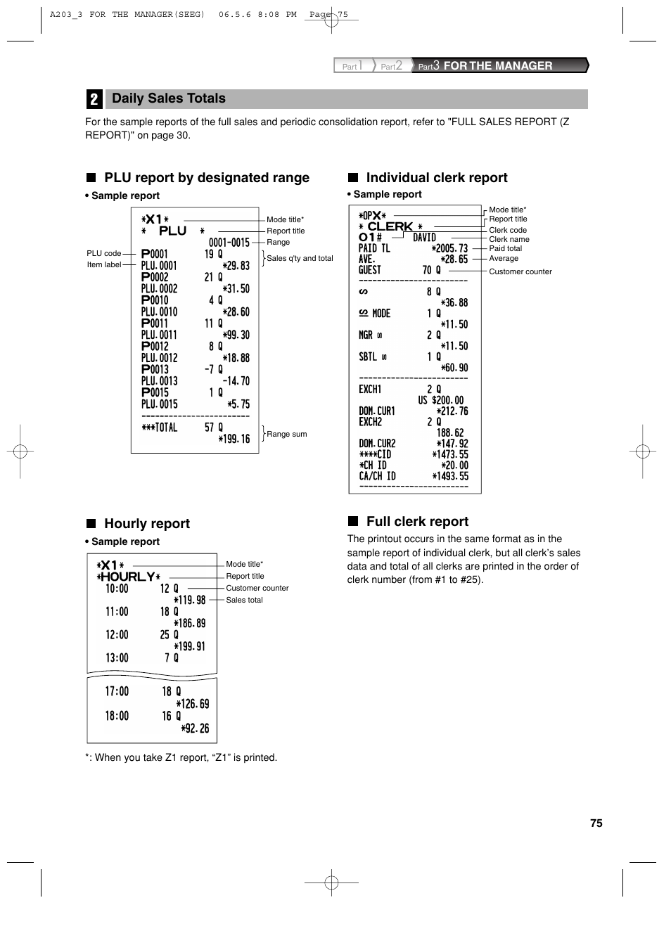 Plu report by designated range, Hourly report, Individual clerk report | Full clerk report, Daily sales totals | Sharp XE-A203 User Manual | Page 77 / 454