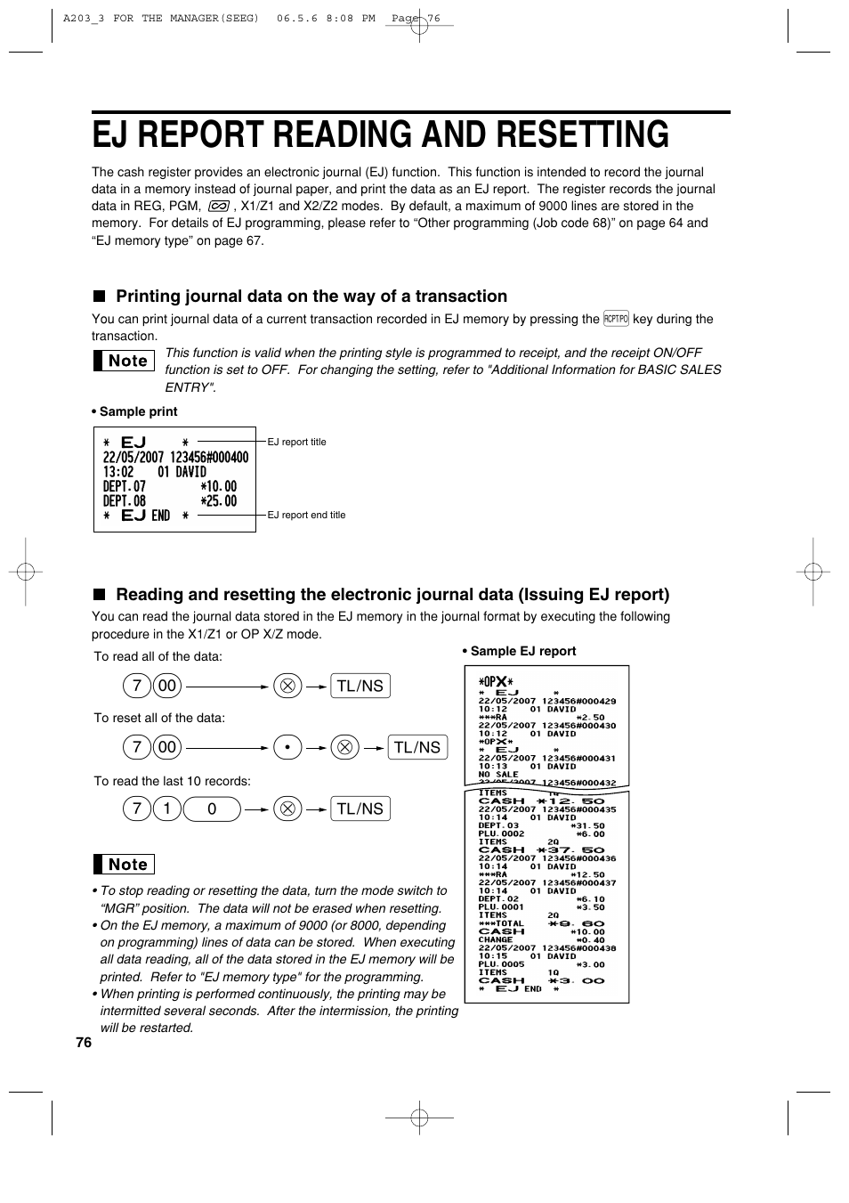 Ej report reading and resetting | Sharp XE-A203 User Manual | Page 78 / 454