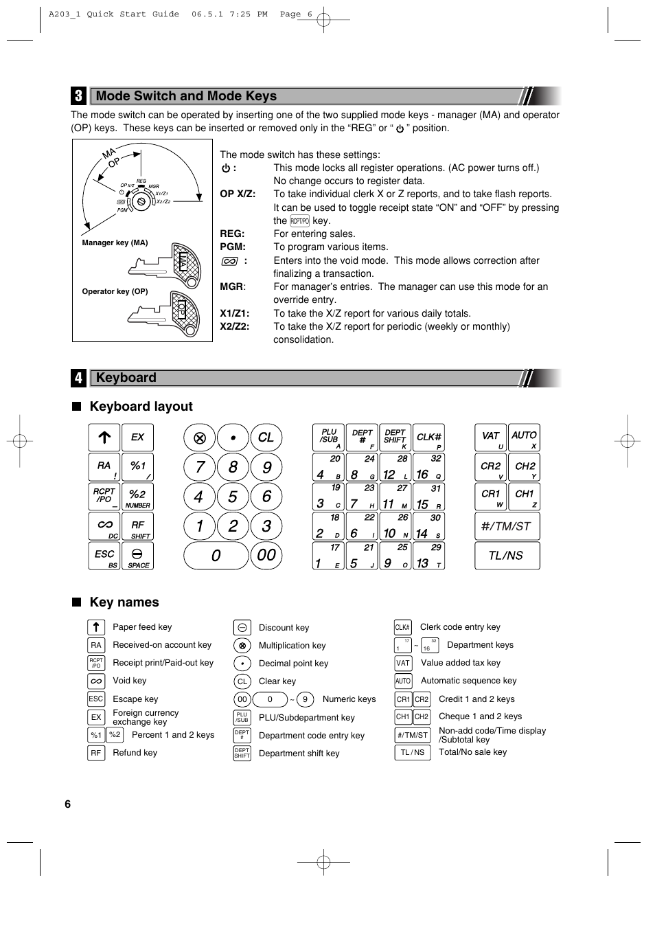 Keyboard layout key names, Mode switch and mode keys, Keyboard | Sharp XE-A203 User Manual | Page 8 / 454