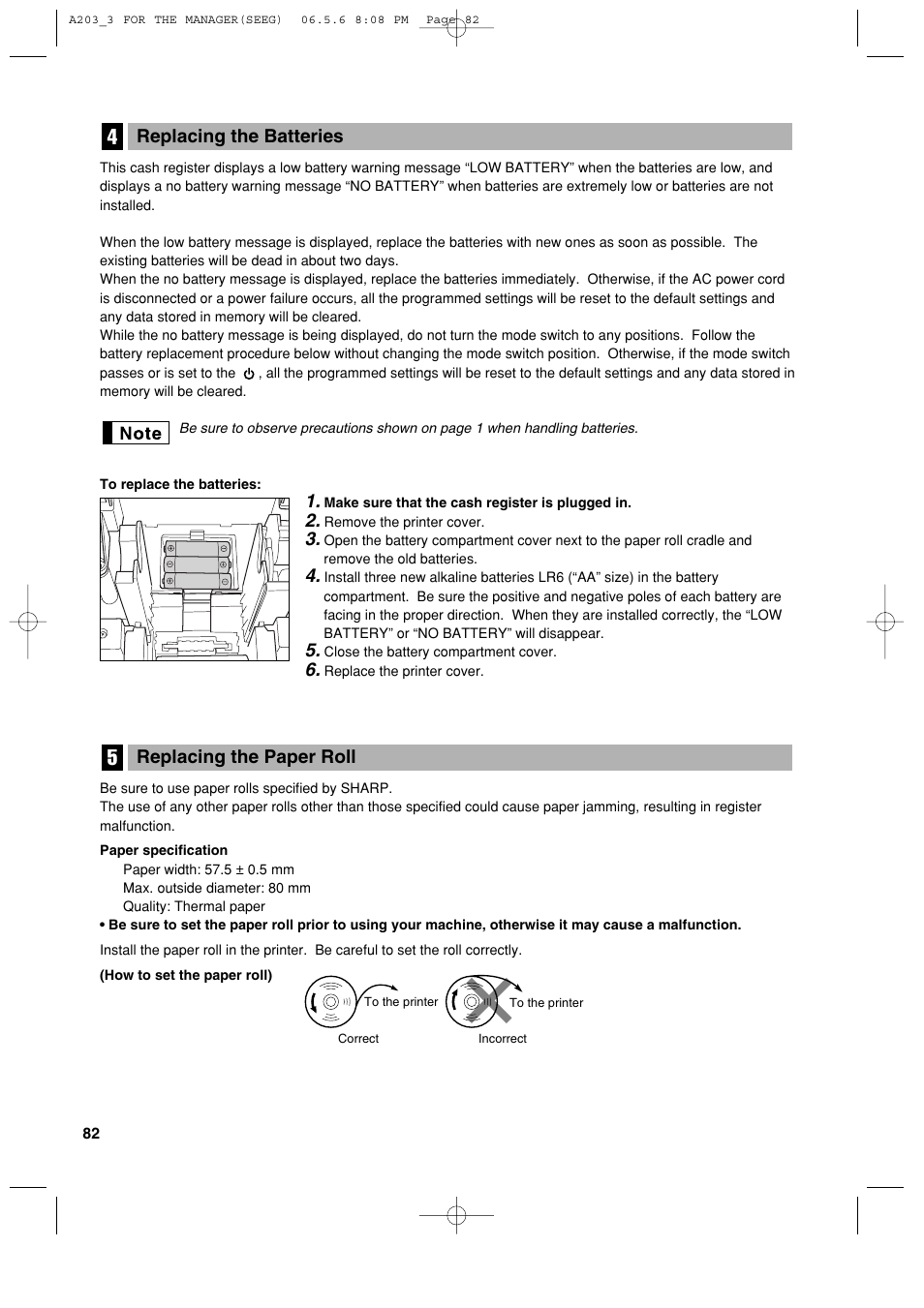 Replacing the paper roll, Replacing the batteries | Sharp XE-A203 User Manual | Page 84 / 454