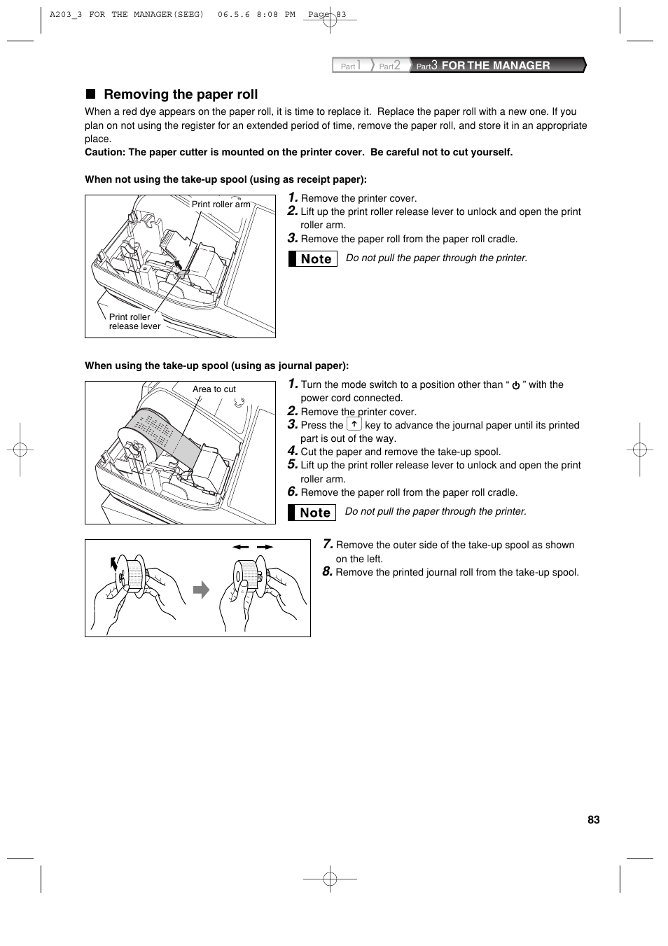 Removing the paper roll | Sharp XE-A203 User Manual | Page 85 / 454