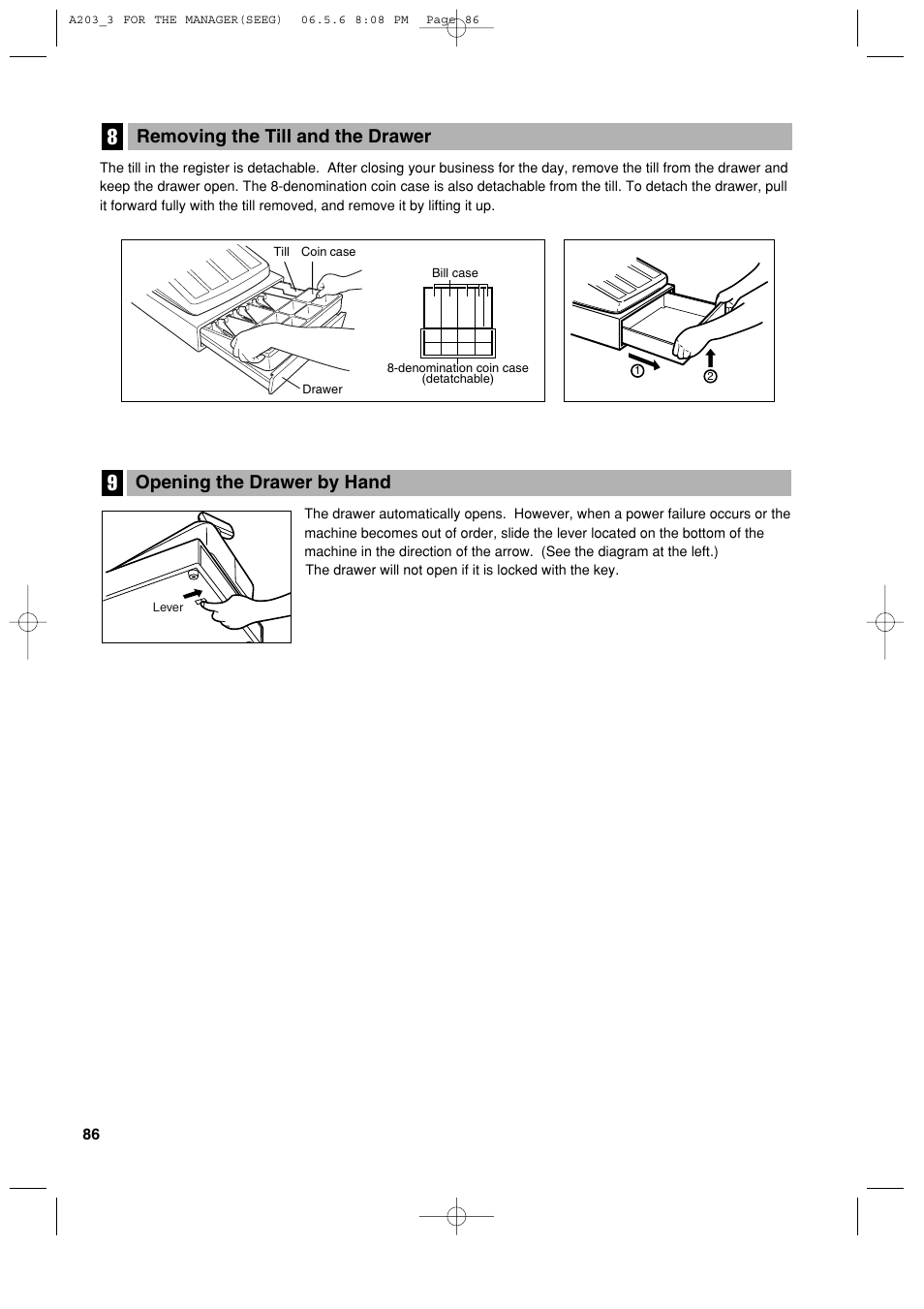 Opening the drawer by hand, Removing the till and the drawer | Sharp XE-A203 User Manual | Page 88 / 454