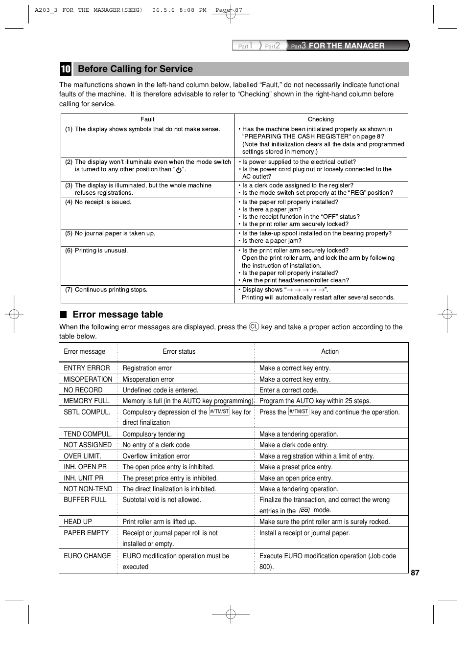 Error message table, Before calling for service | Sharp XE-A203 User Manual | Page 89 / 454