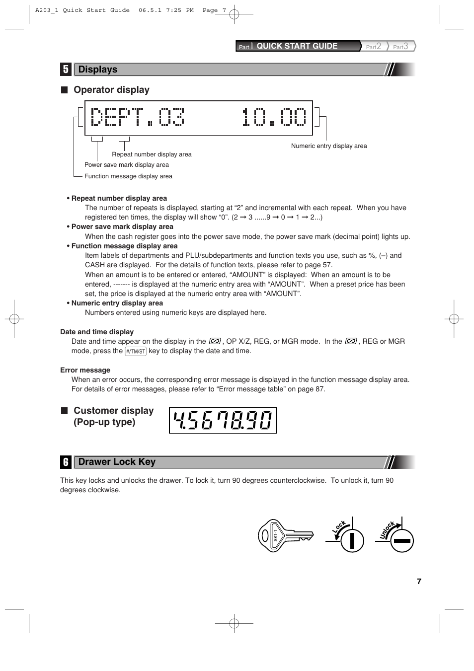 Operator display, Customer display (pop-up type), Displays | Drawer lock key | Sharp XE-A203 User Manual | Page 9 / 454