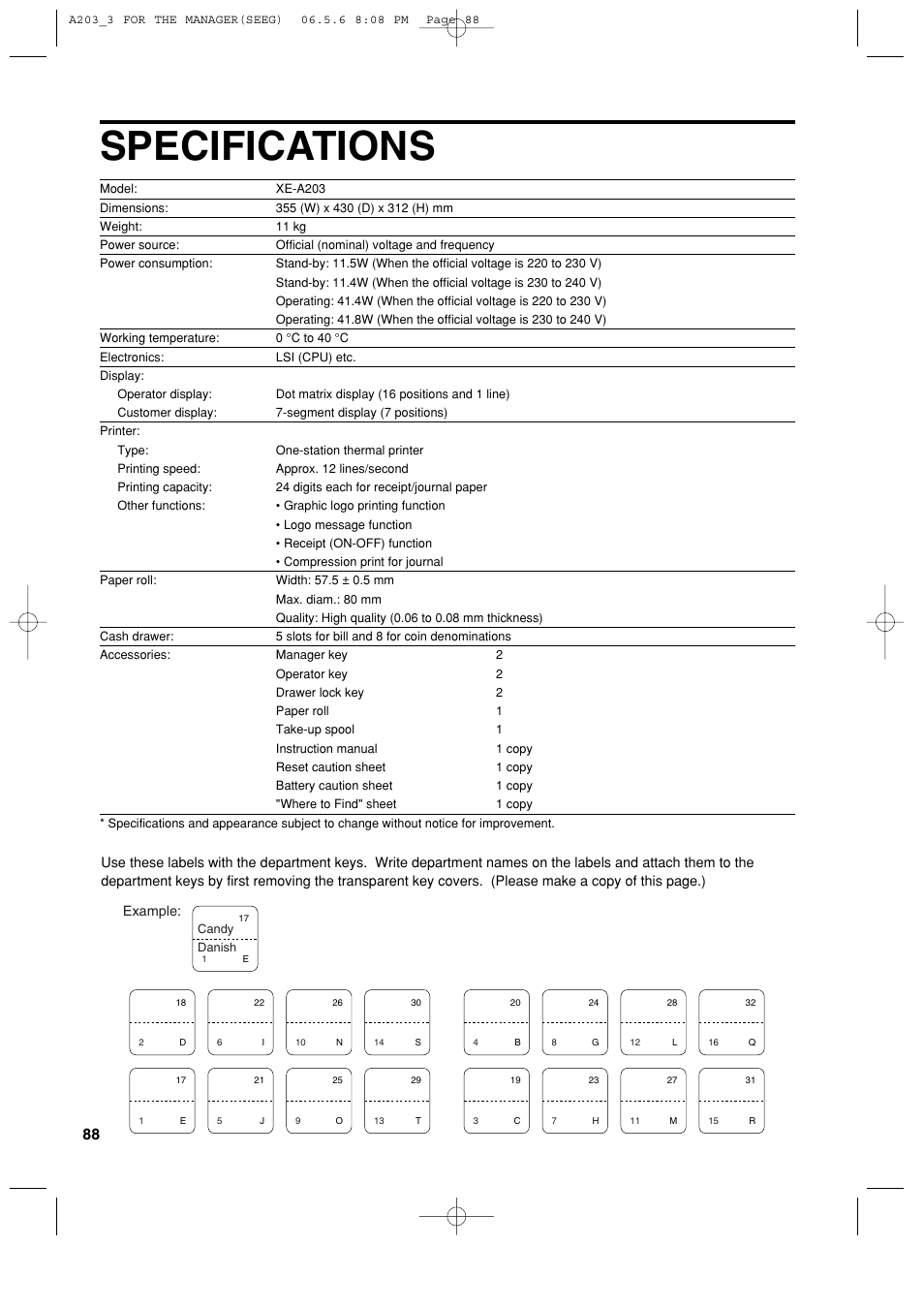 Specifications | Sharp XE-A203 User Manual | Page 90 / 454