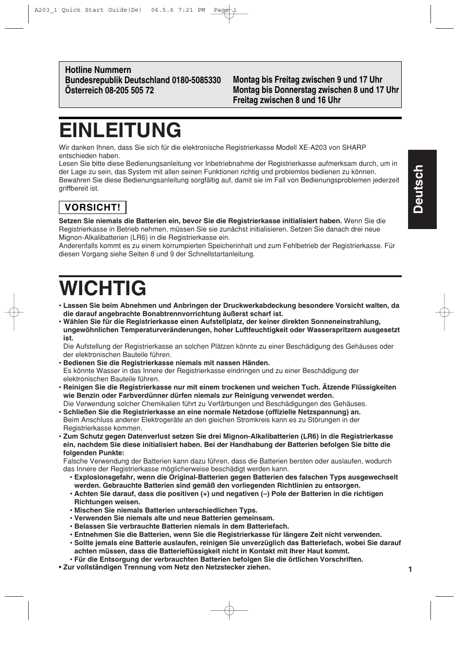 Einleitung, Wichtig, Deutsch | Sharp XE-A203 User Manual | Page 93 / 454