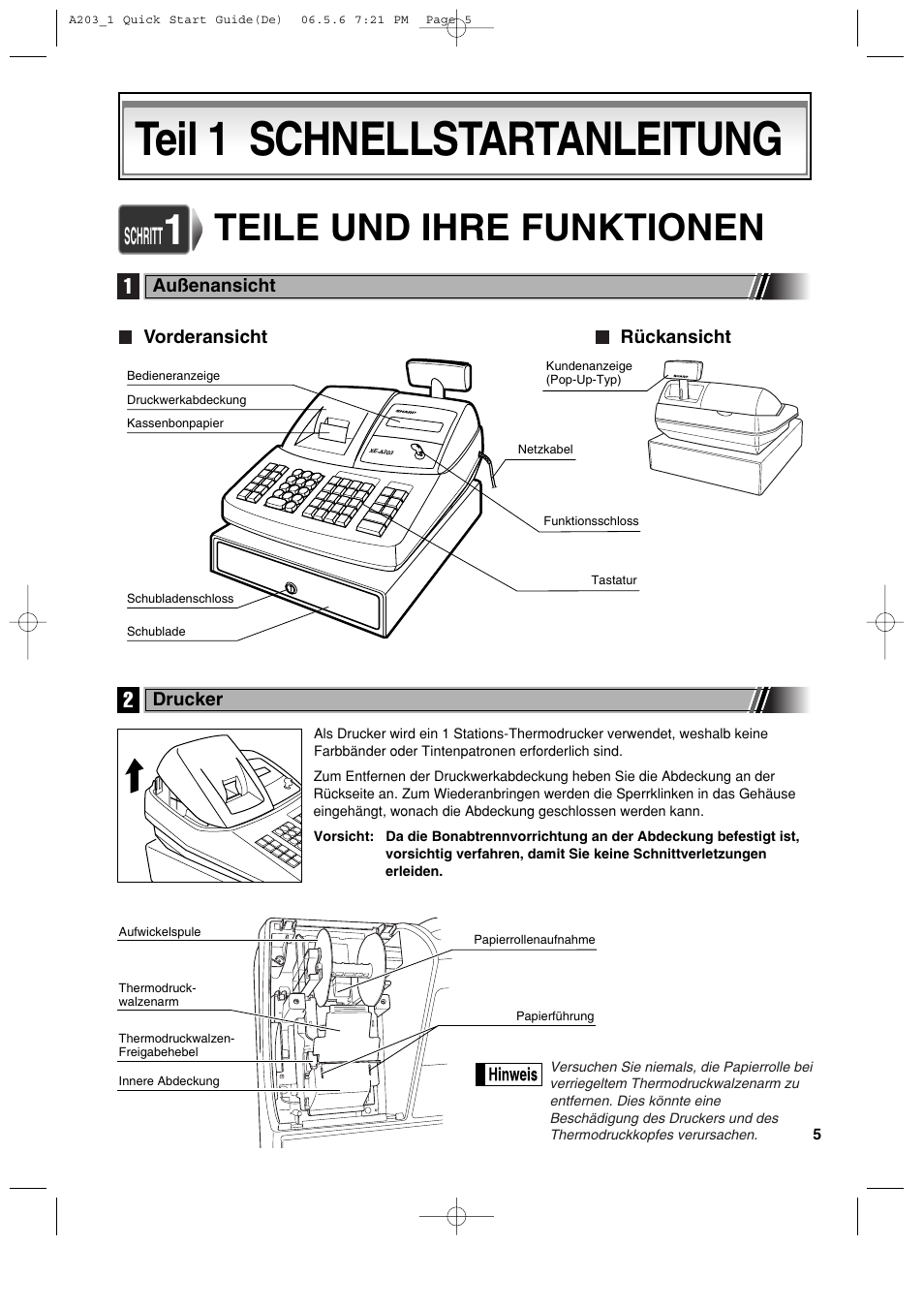 Teil 1 schnellstartanleitung, Teile und ihre funktionen, Schritt | Sharp XE-A203 User Manual | Page 97 / 454