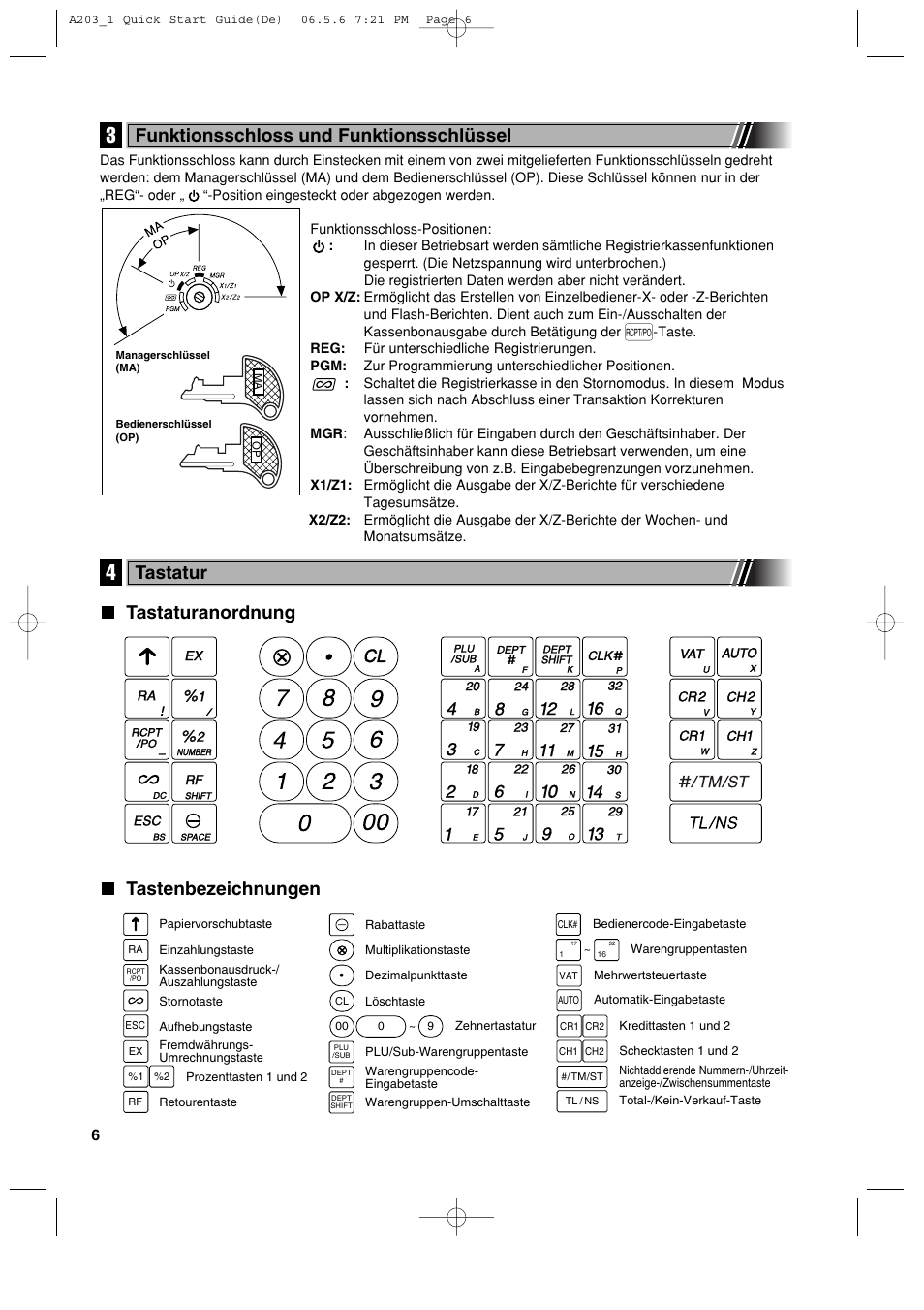 Tastaturanordnung tastenbezeichnungen, Funktionsschloss und funktionsschlüssel, Tastatur | Sharp XE-A203 User Manual | Page 98 / 454