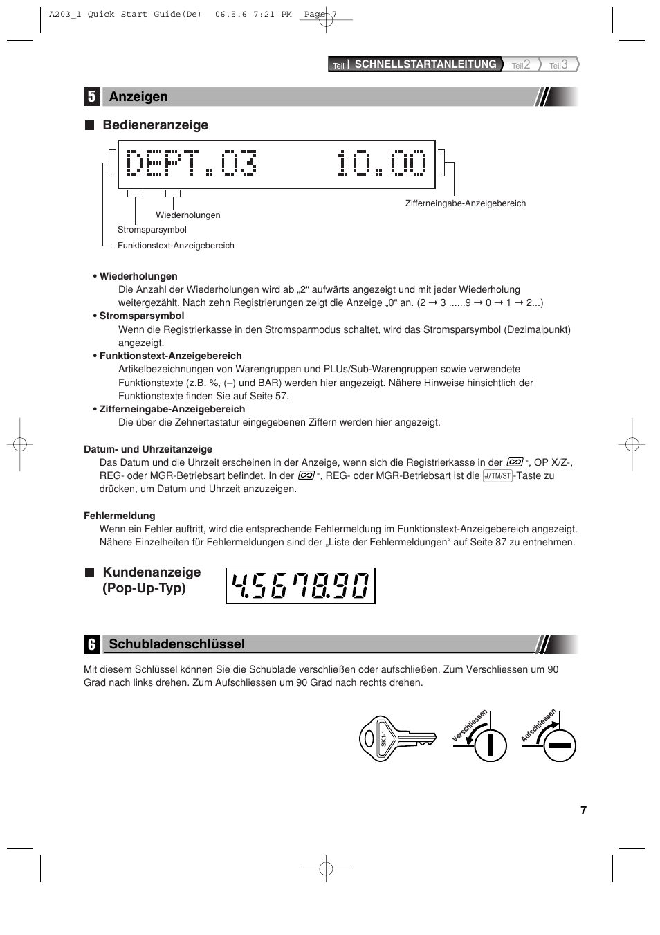 Bedieneranzeige, Kundenanzeige (pop-up-typ), Anzeigen | Schubladenschlüssel | Sharp XE-A203 User Manual | Page 99 / 454