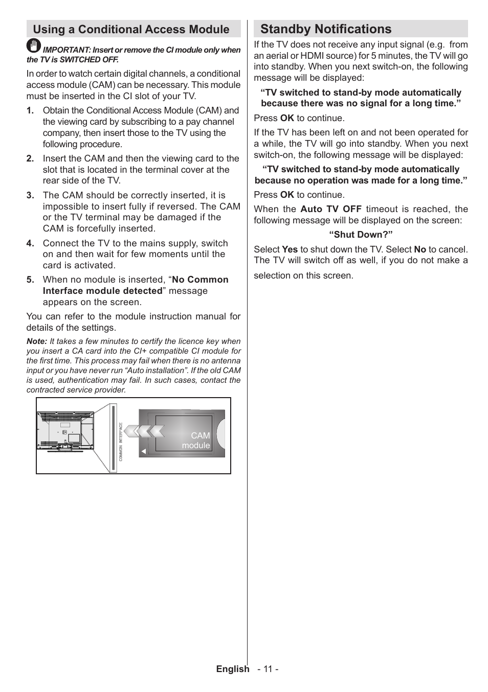 Standby notifications, Using a conditional access module | Sharp LC-42LE761K User Manual | Page 12 / 39