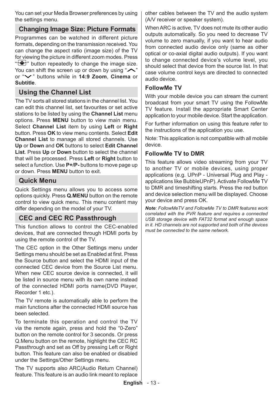 Changing image size: picture formats, Using the channel list, Quick menu | Cec and cec rc passthrough | Sharp LC-42LE761K User Manual | Page 14 / 39