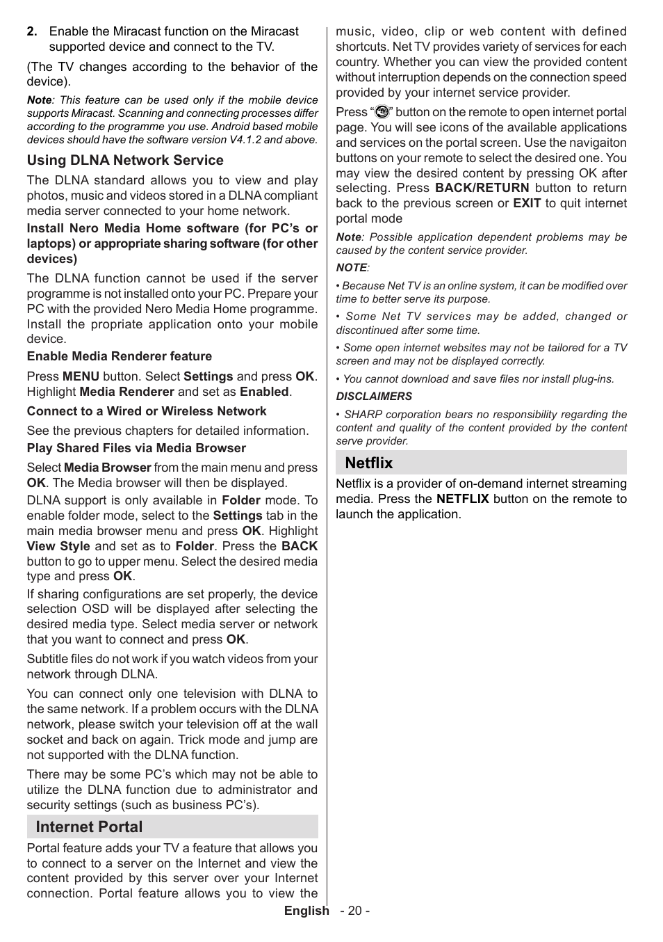 Internet portal, Netflix | Sharp LC-42LE761K User Manual | Page 21 / 39