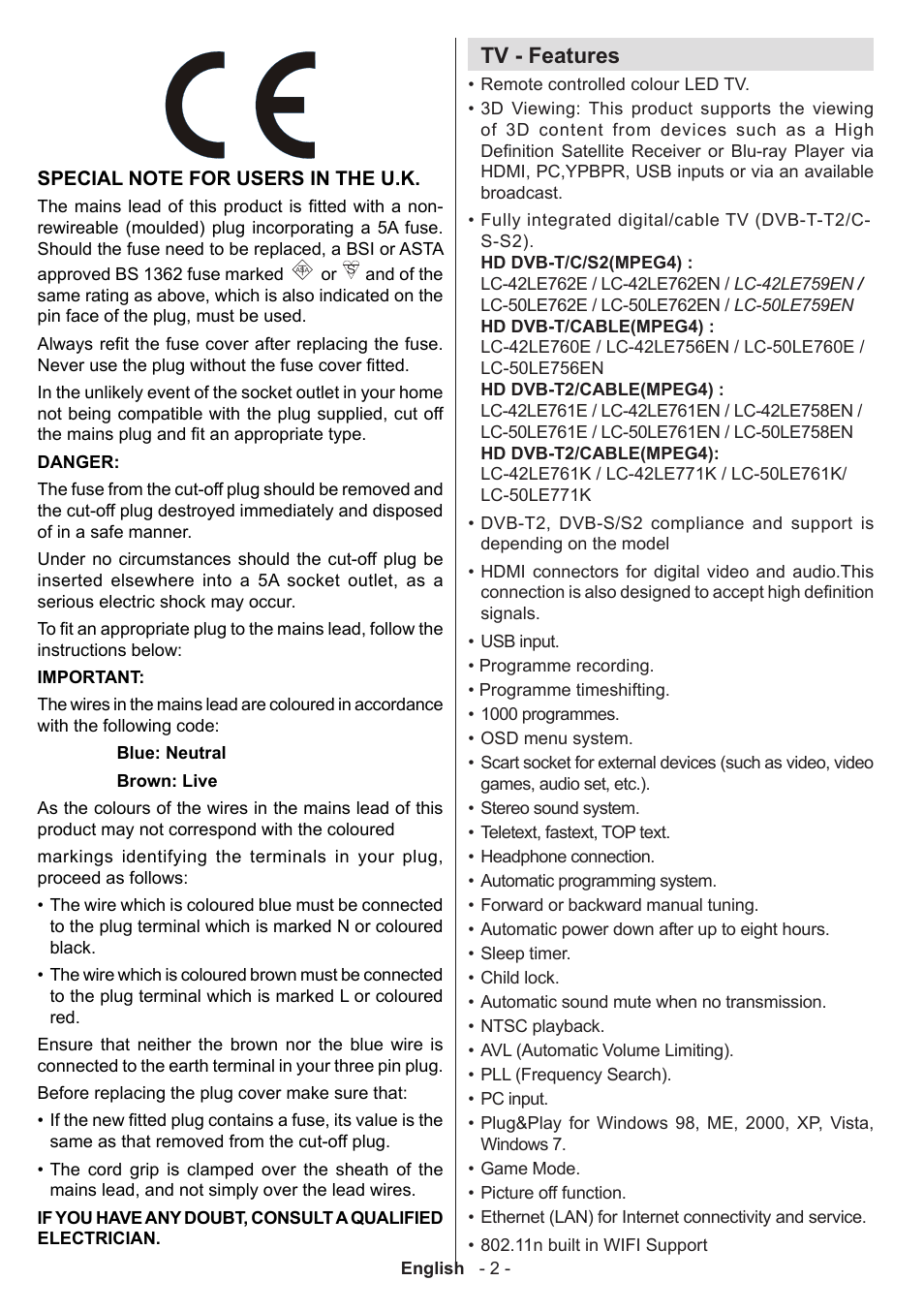 Tv - features | Sharp LC-42LE761K User Manual | Page 3 / 39