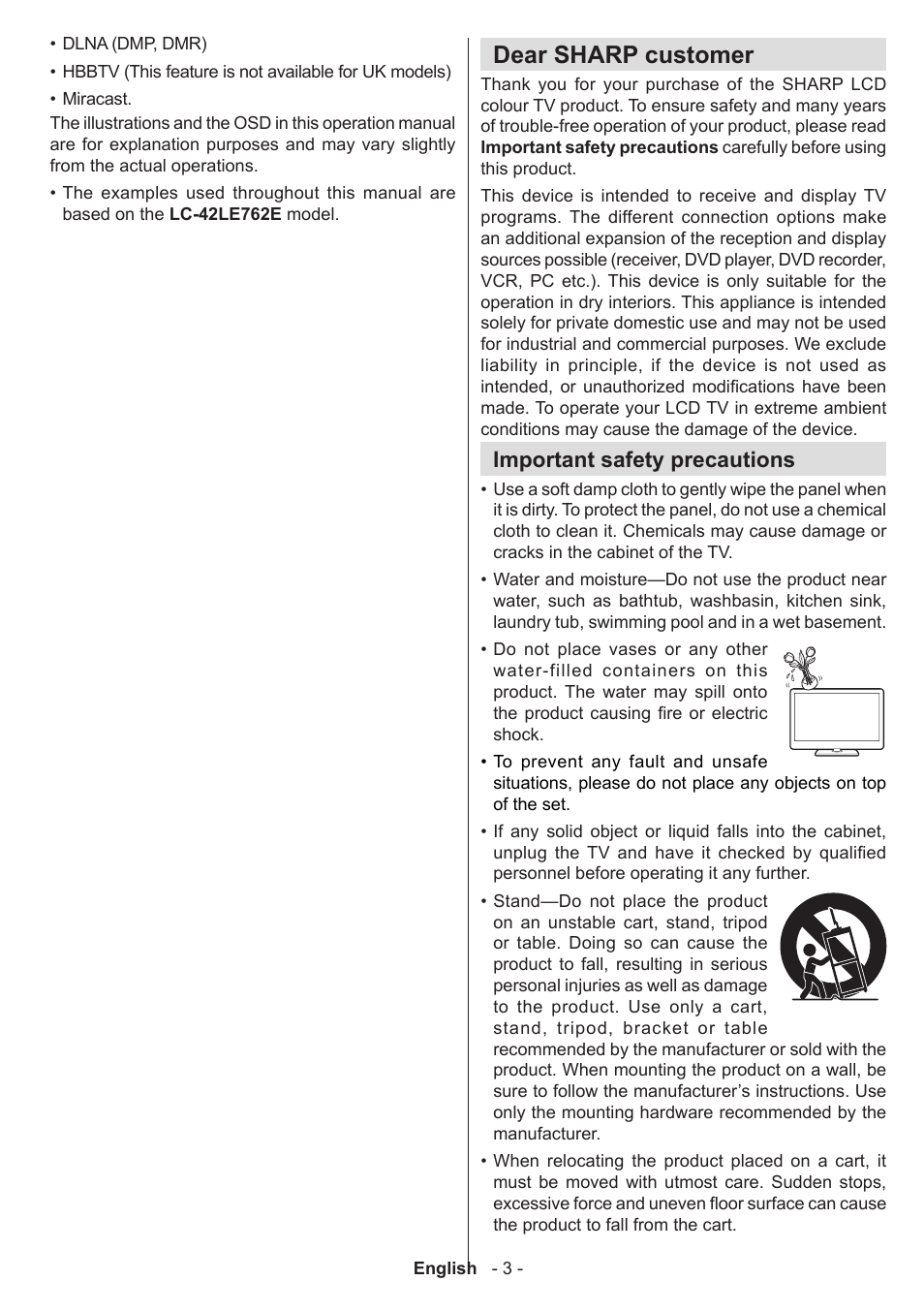 Dear sharp customer, Important safety precautions | Sharp LC-42LE761K User Manual | Page 4 / 39