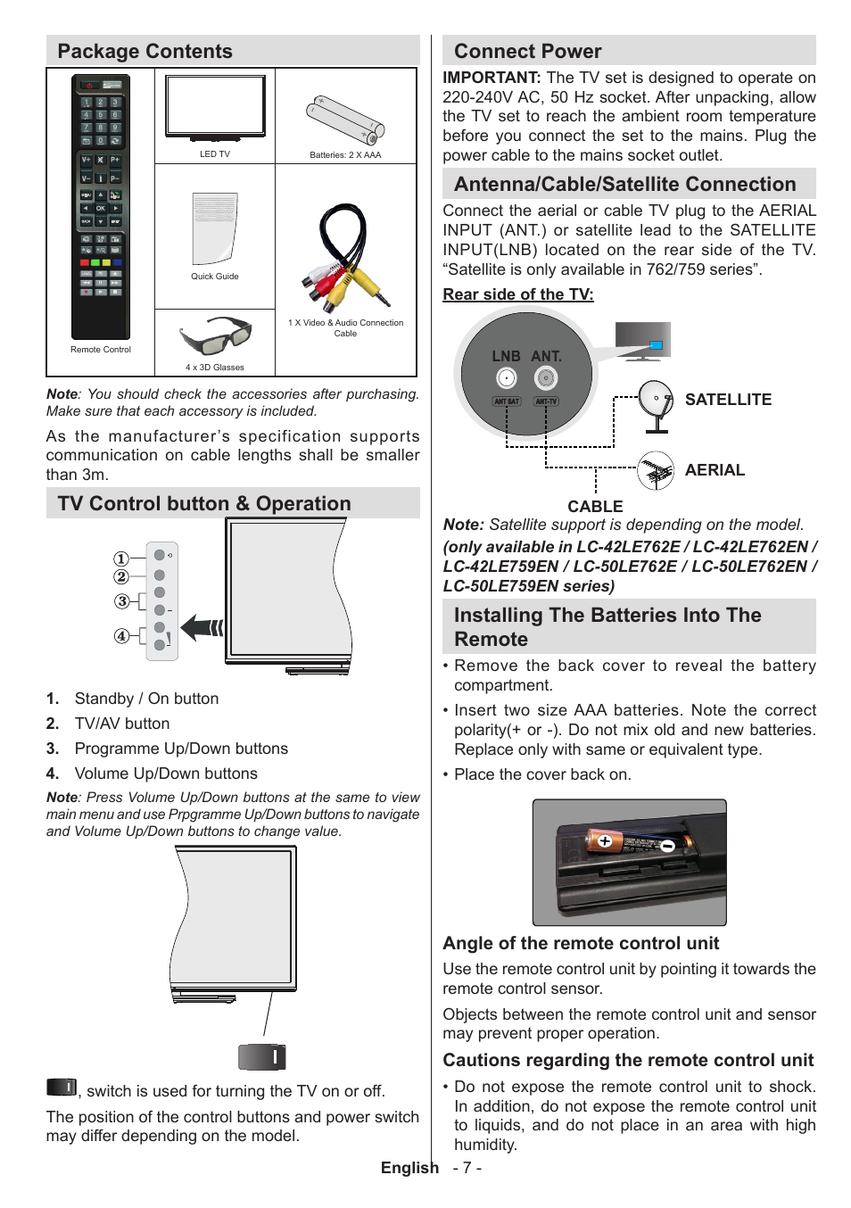 Package contents, Tv control button & operation, Connect power | Antenna/cable/satellite connection, Installing the batteries into the remote | Sharp LC-42LE761K User Manual | Page 8 / 39