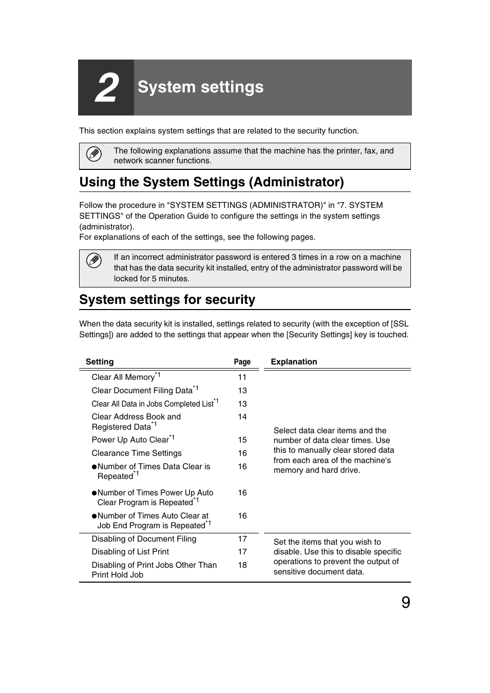 System settings, Using the system settings (administrator), System settings for security | E 9 of | Sharp MX-C312 User Manual | Page 10 / 30