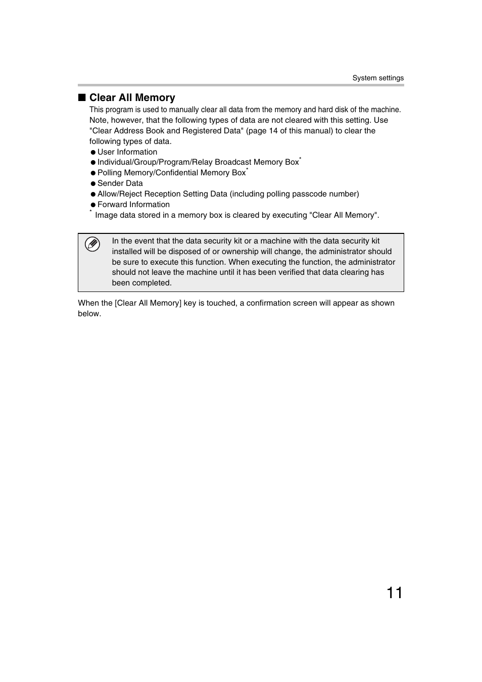 Clear all memory | Sharp MX-C312 User Manual | Page 12 / 30