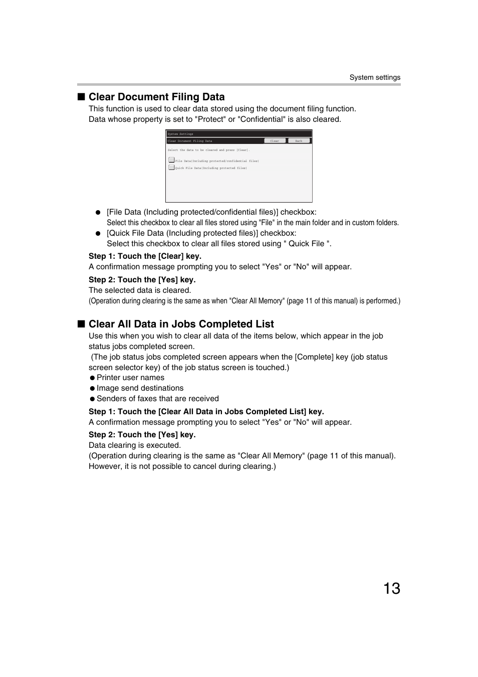 Clear document filing data, Clear all data in jobs completed list | Sharp MX-C312 User Manual | Page 14 / 30