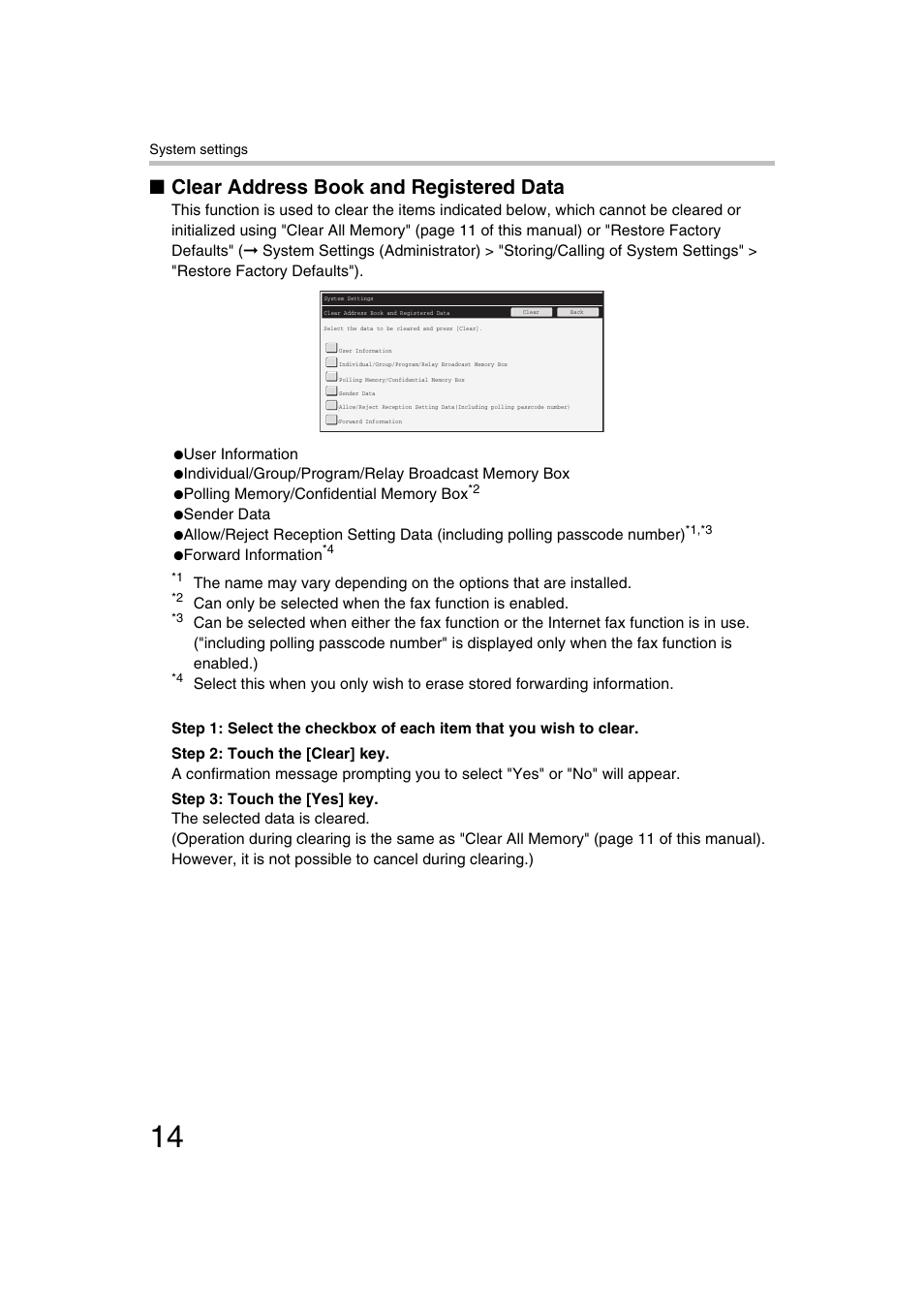 Clear address book and registered data | Sharp MX-C312 User Manual | Page 15 / 30