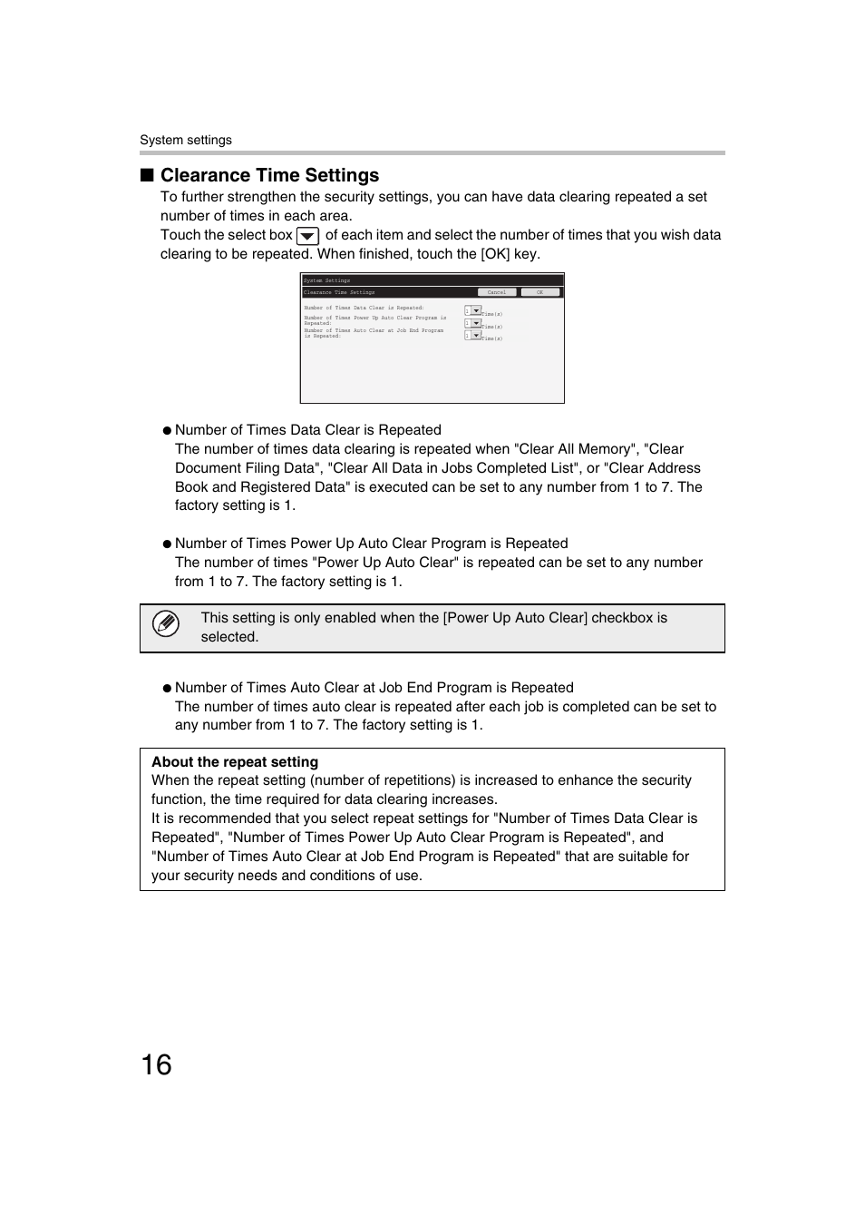 Clearance time settings, Number of times data clear is repeated | Sharp MX-C312 User Manual | Page 17 / 30