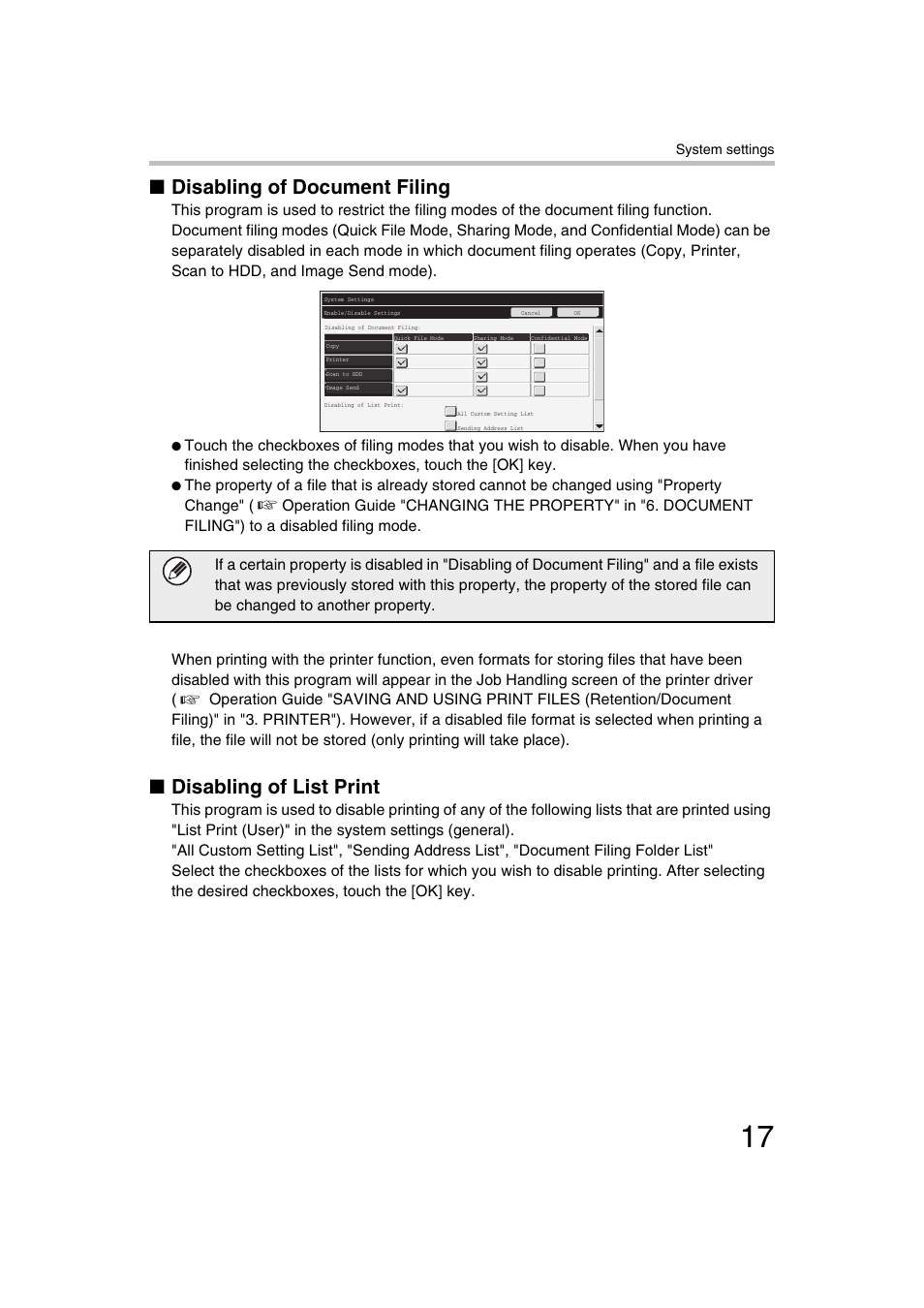 Disabling of document filing, Disabling of list print | Sharp MX-C312 User Manual | Page 18 / 30