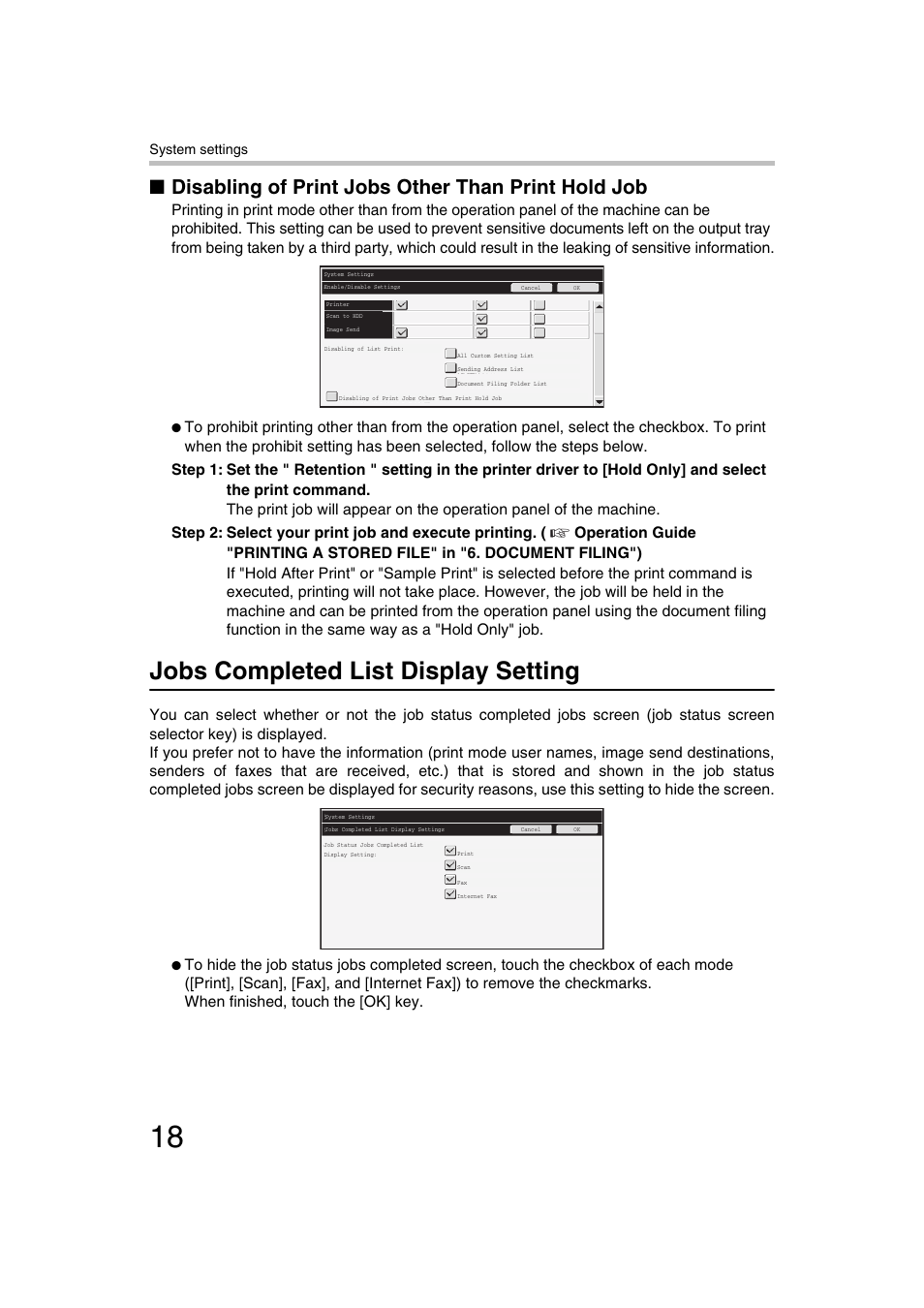 Jobs completed list display setting, Disabling of print jobs other than print hold job | Sharp MX-C312 User Manual | Page 19 / 30