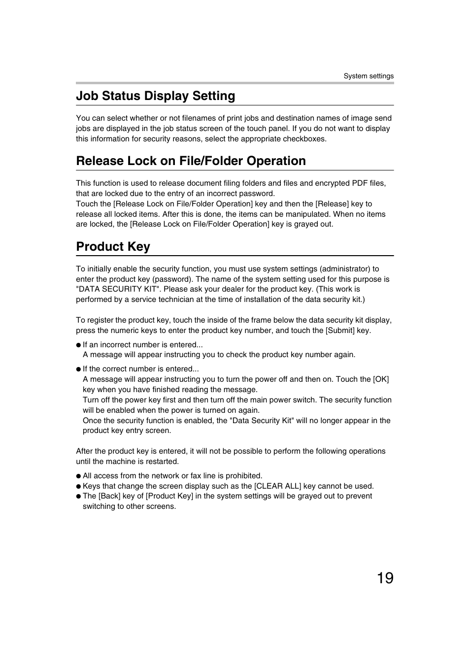 Job status display setting, Release lock on file/folder operation, Product key | E "release lock on file/folder operation, E 19 | Sharp MX-C312 User Manual | Page 20 / 30