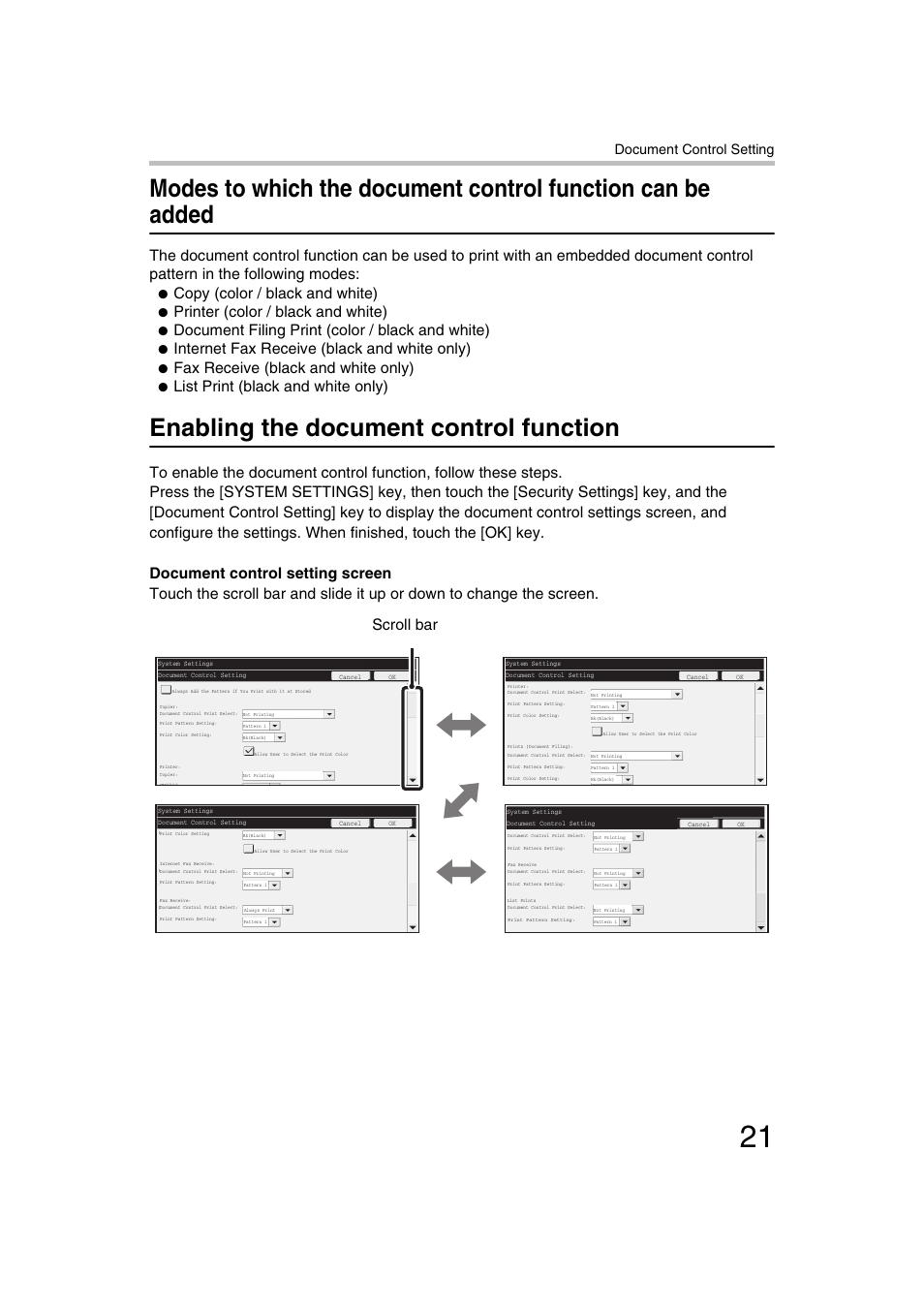 Enabling the document control function, Copy (color / black and white), Printer (color / black and white) | Document filing print (color / black and white), Internet fax receive (black and white only), Fax receive (black and white only), List print (black and white only), Scroll bar, Document control setting | Sharp MX-C312 User Manual | Page 22 / 30