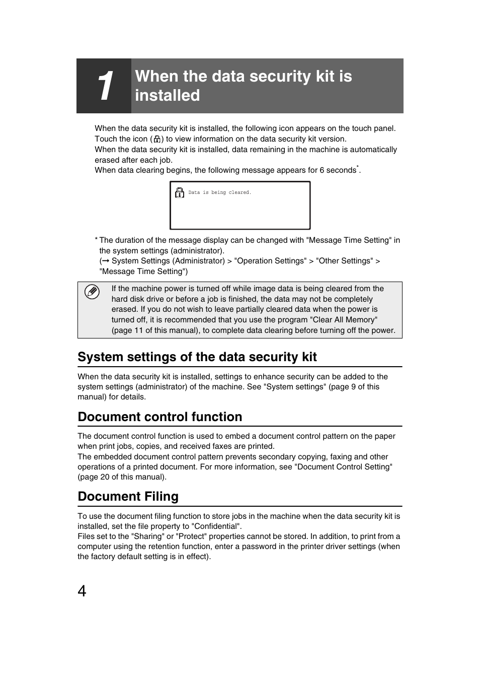 When the data security kit is installed, System settings of the data security kit, Document control function | Document filing | Sharp MX-C312 User Manual | Page 5 / 30