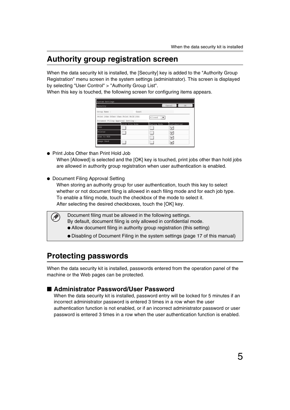 Authority group registration screen, Protecting passwords, Administrator password/user password | Sharp MX-C312 User Manual | Page 6 / 30