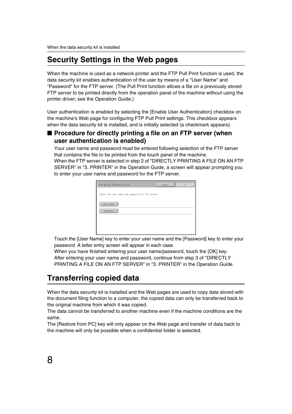 Transferring copied data, Security settings in the web pages | Sharp MX-C312 User Manual | Page 9 / 30